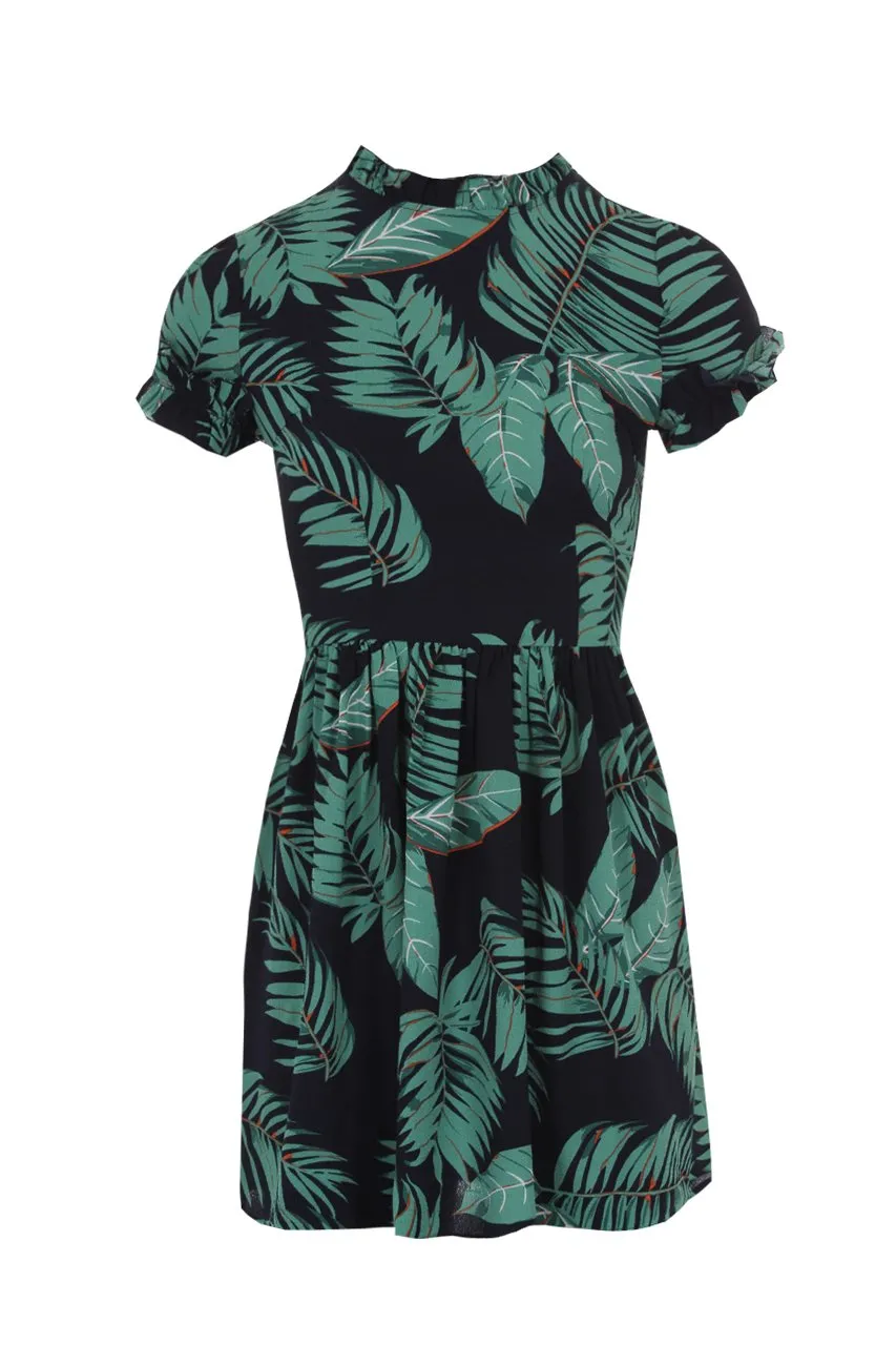 Navy Leaf Printed Mini Dress