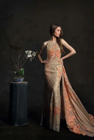 Net and Chiffon Dress by Sana Safinaz in Rust Orange and Skin-E508