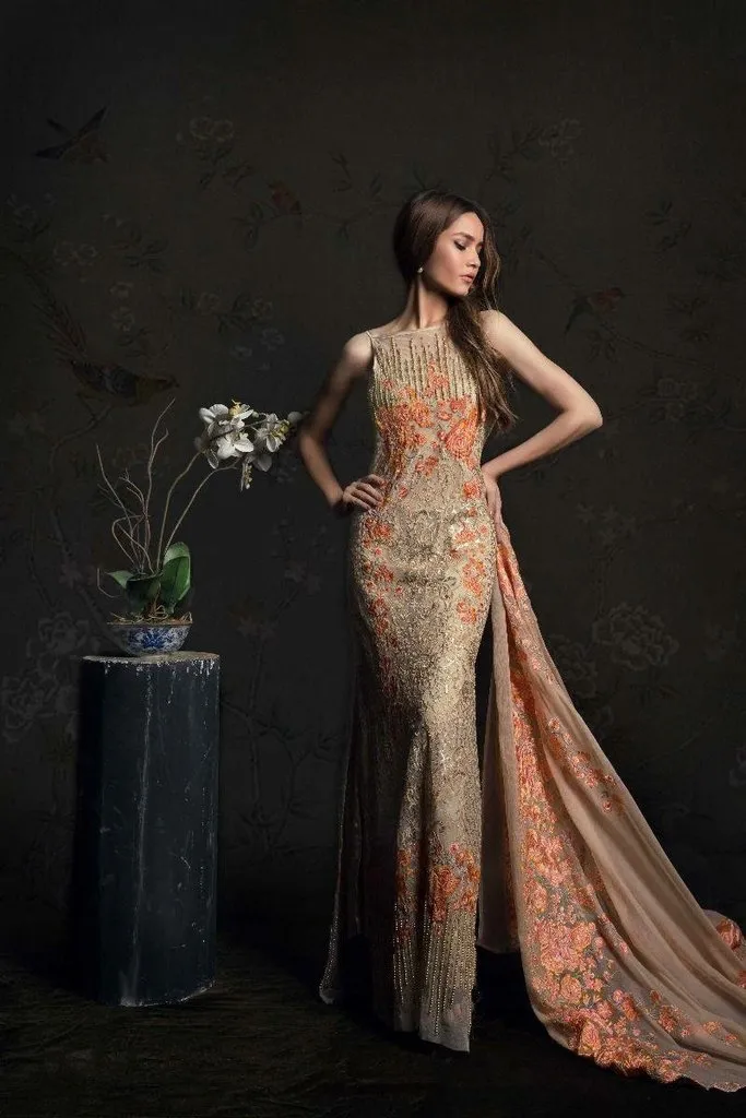 Net and Chiffon Dress by Sana Safinaz in Rust Orange and Skin-E508
