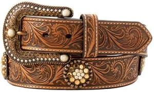 Nocona Women's Embossed Scrolling Belt with Topaz Crystal Conchos