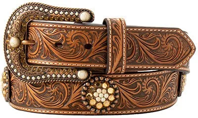 Nocona Women's Embossed Scrolling Belt with Topaz Crystal Conchos