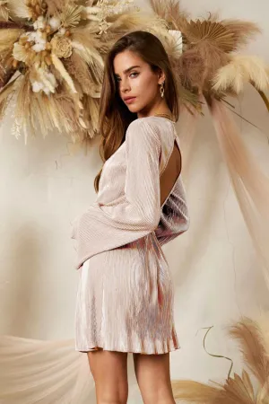 Pearl Belt Point Back Cut Out Pleated Mini Dress