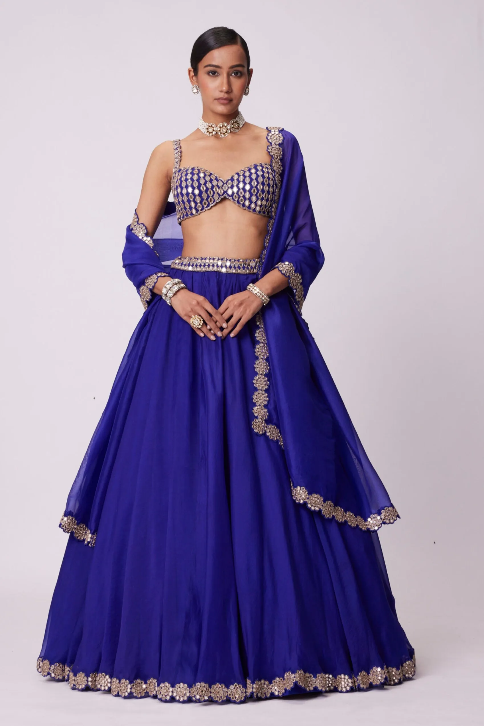 Persian Blue Linear Mirror Embroidered Lehenga Set