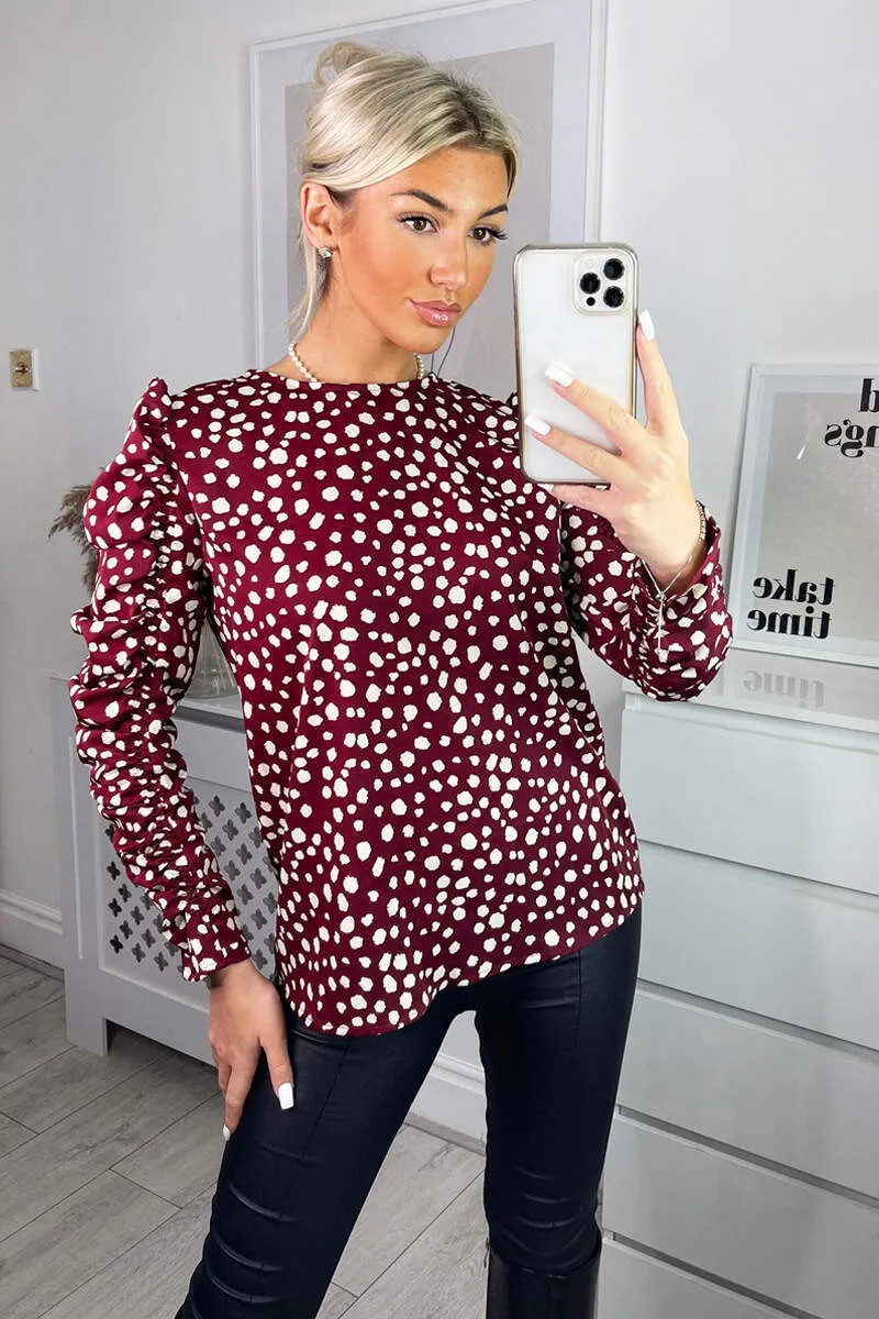 Plum Printed Long Gathered Sleeve Blouse
