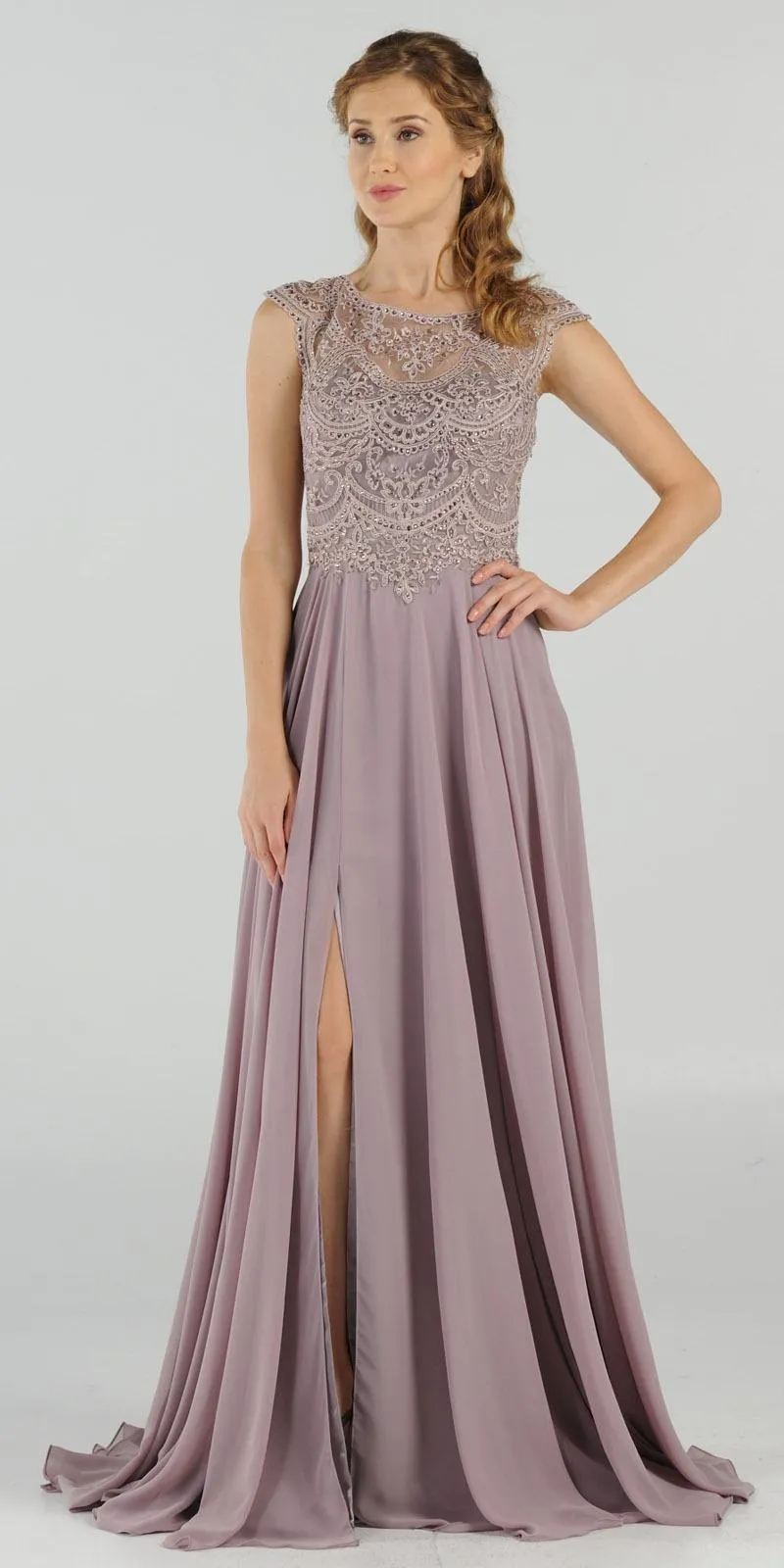 Poly USA 8254 Cap Sleeves Embroidered A-Line Dress with Slit
