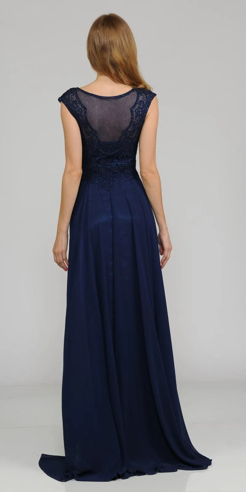 Poly USA 8254 Cap Sleeves Embroidered A-Line Dress with Slit