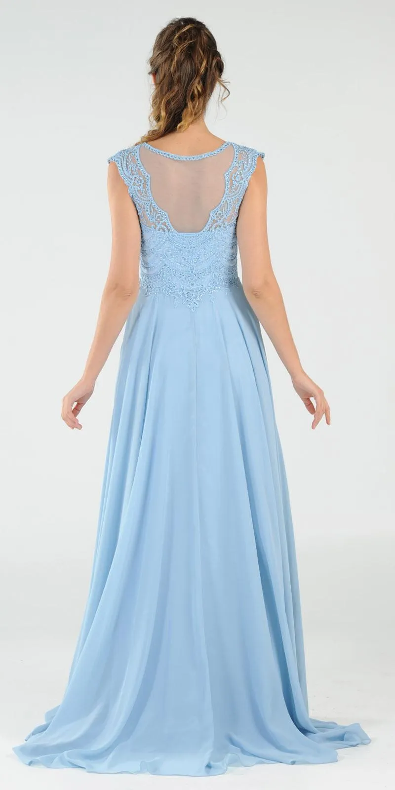 Poly USA 8254 Cap Sleeves Embroidered A-Line Dress with Slit