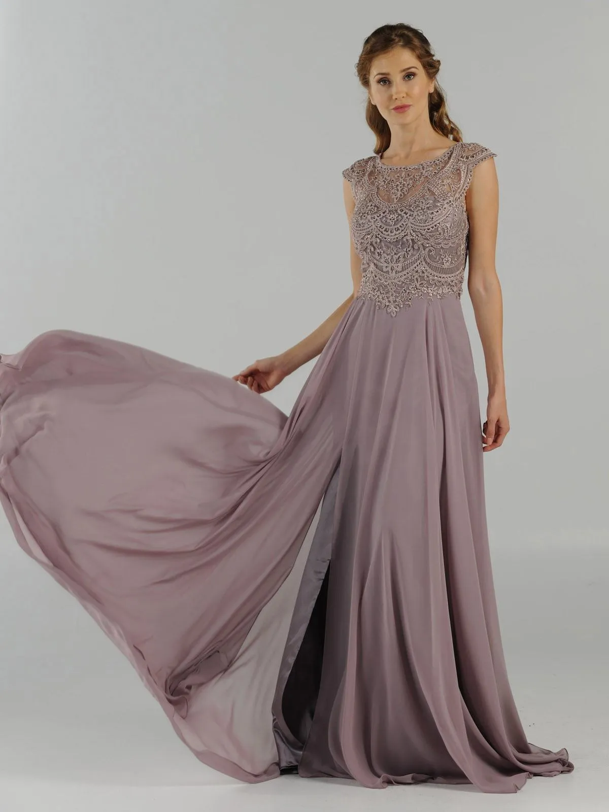 Poly USA 8254 Cap Sleeves Embroidered A-Line Dress with Slit