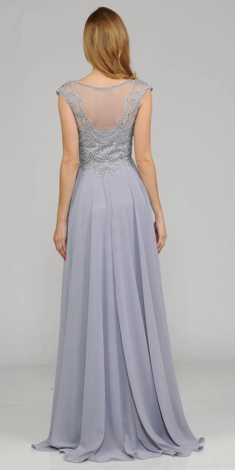 Poly USA 8254 Cap Sleeves Embroidered A-Line Dress with Slit