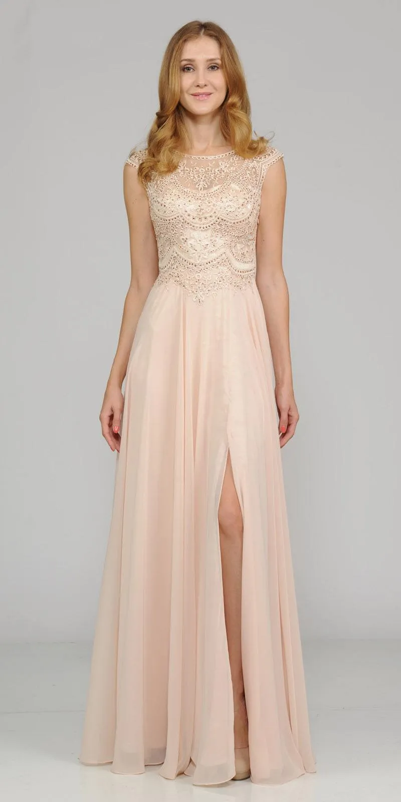 Poly USA 8254 Cap Sleeves Embroidered A-Line Dress with Slit