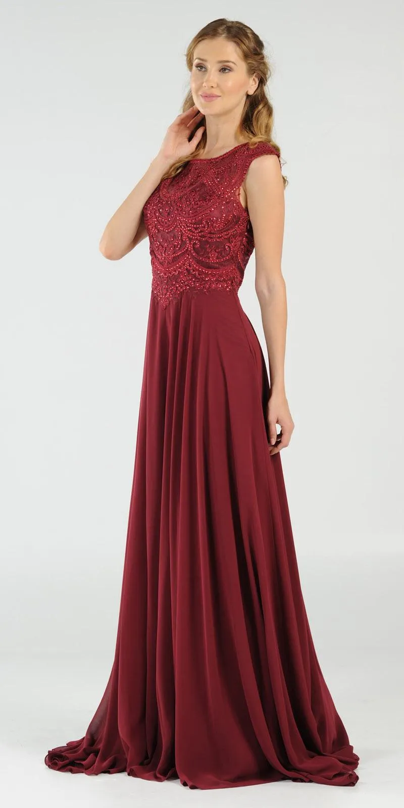 Poly USA 8254 Cap Sleeves Embroidered A-Line Dress with Slit