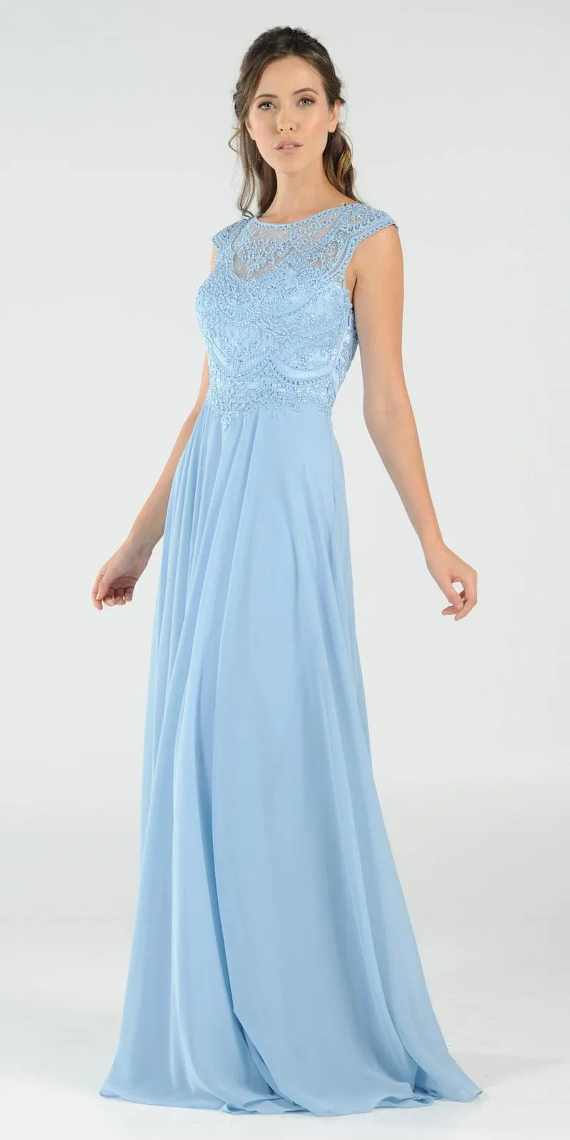 Poly USA 8254 Cap Sleeves Embroidered A-Line Dress with Slit