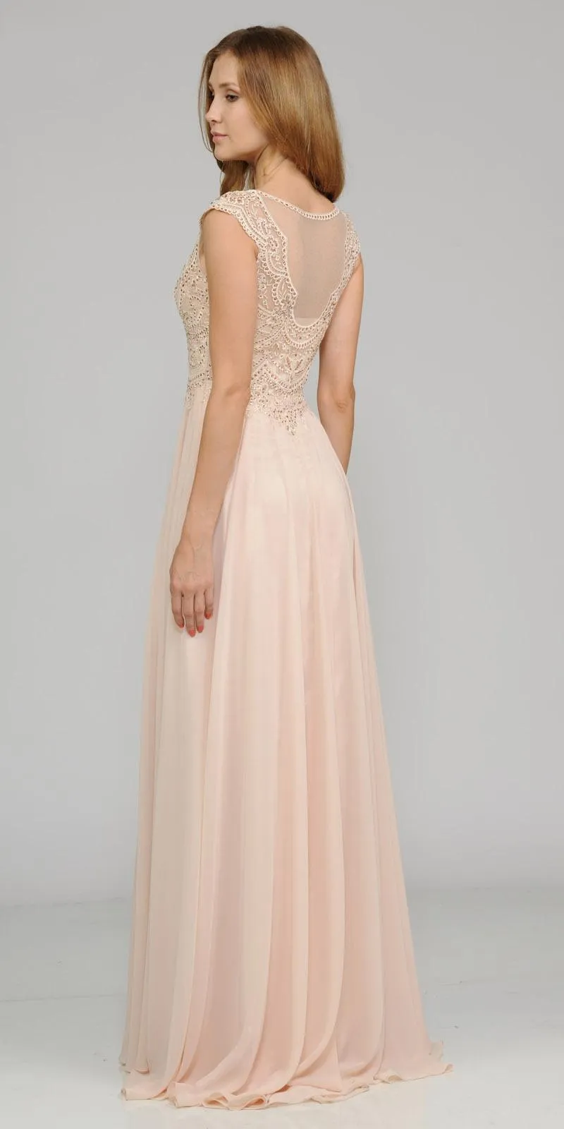Poly USA 8254 Cap Sleeves Embroidered A-Line Dress with Slit