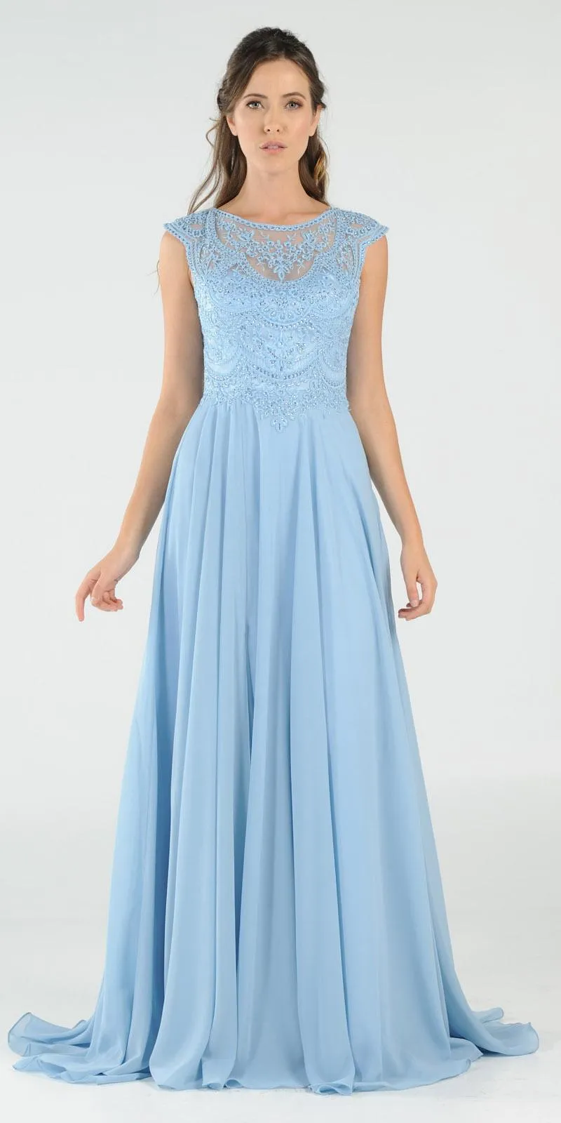 Poly USA 8254 Cap Sleeves Embroidered A-Line Dress with Slit