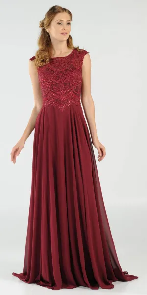Poly USA 8254 Cap Sleeves Embroidered A-Line Dress with Slit