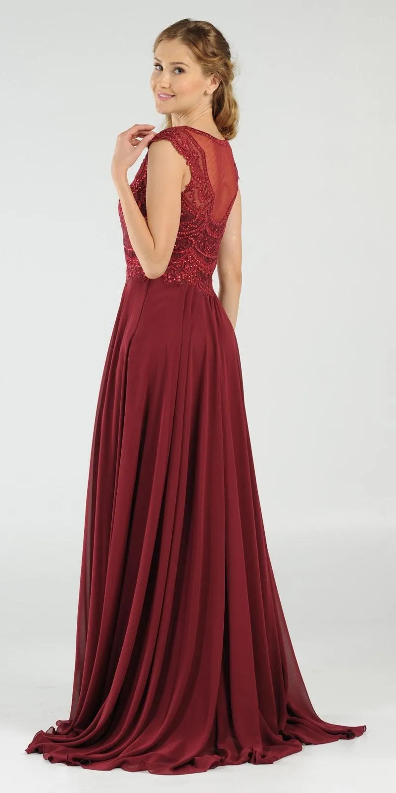 Poly USA 8254 Cap Sleeves Embroidered A-Line Dress with Slit