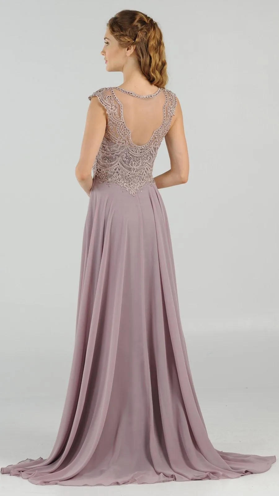 Poly USA 8254 Cap Sleeves Embroidered A-Line Dress with Slit