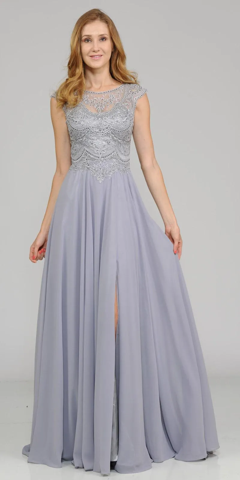 Poly USA 8254 Cap Sleeves Embroidered A-Line Dress with Slit
