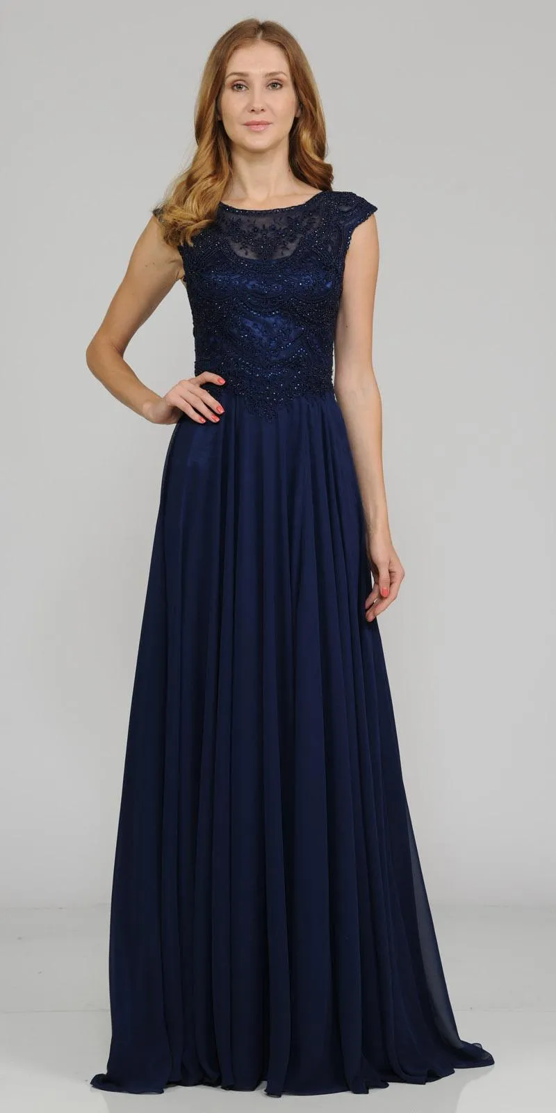Poly USA 8254 Cap Sleeves Embroidered A-Line Dress with Slit