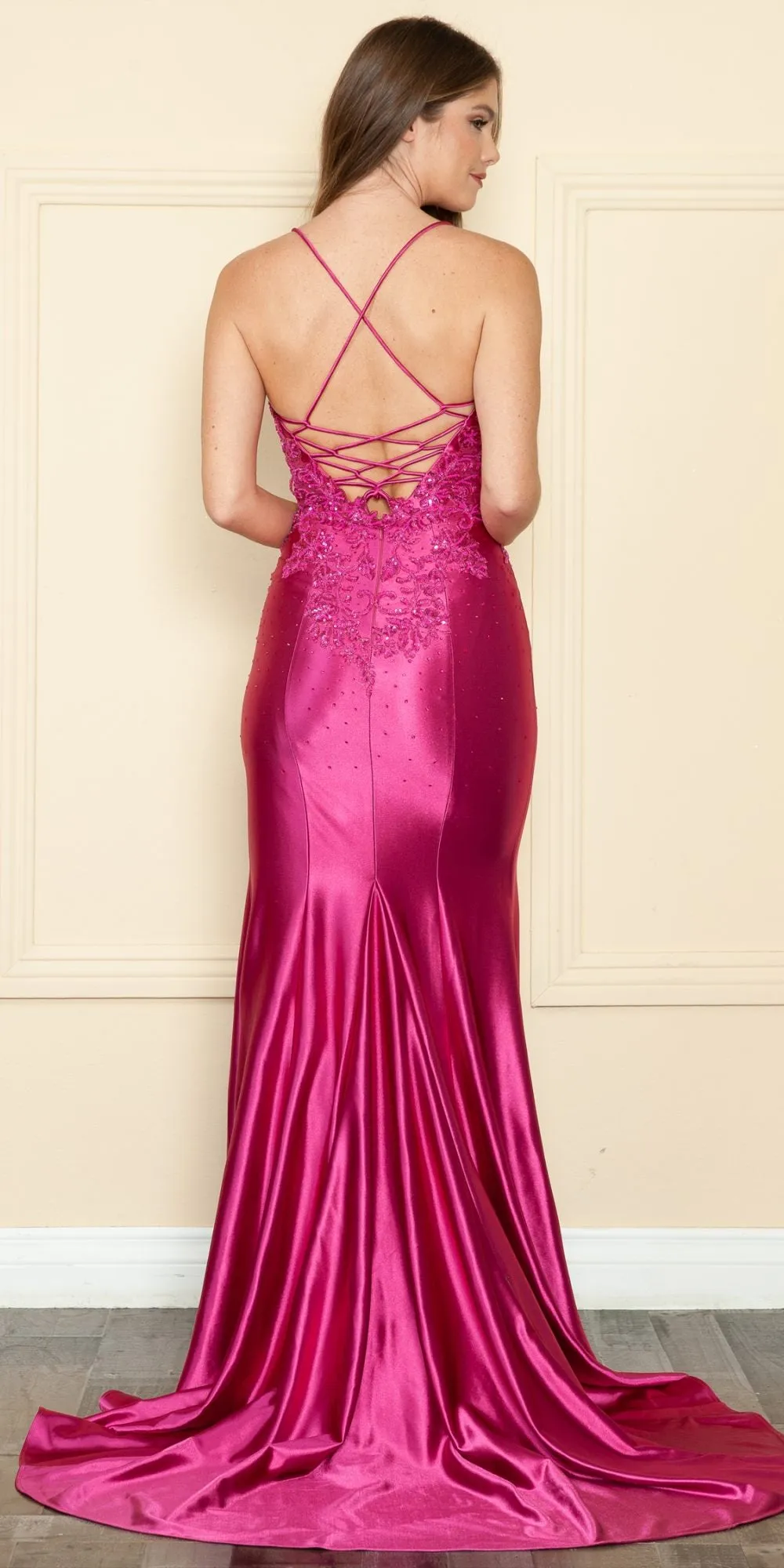Poly USA 9142 Long Poly Span Jersey Embroidered Bodice Gown with Slit