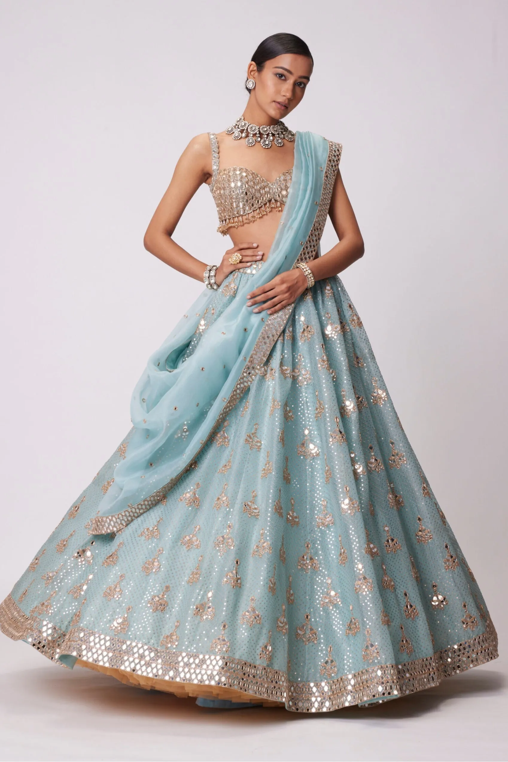 Powder Blue Organza Sequin Embroidered Lehenga Set