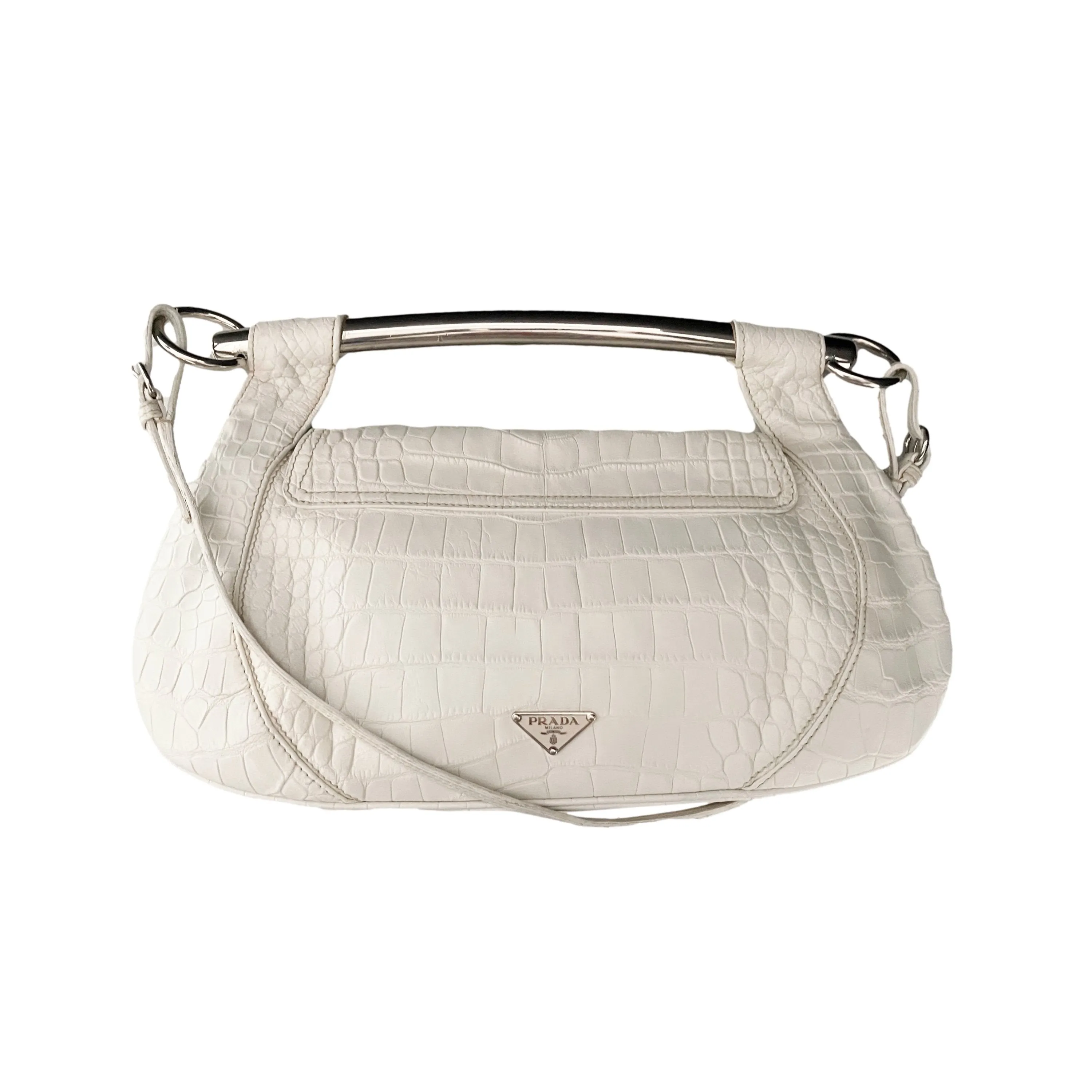 Prada White Croc Embossed Jumbo Bar Clutch