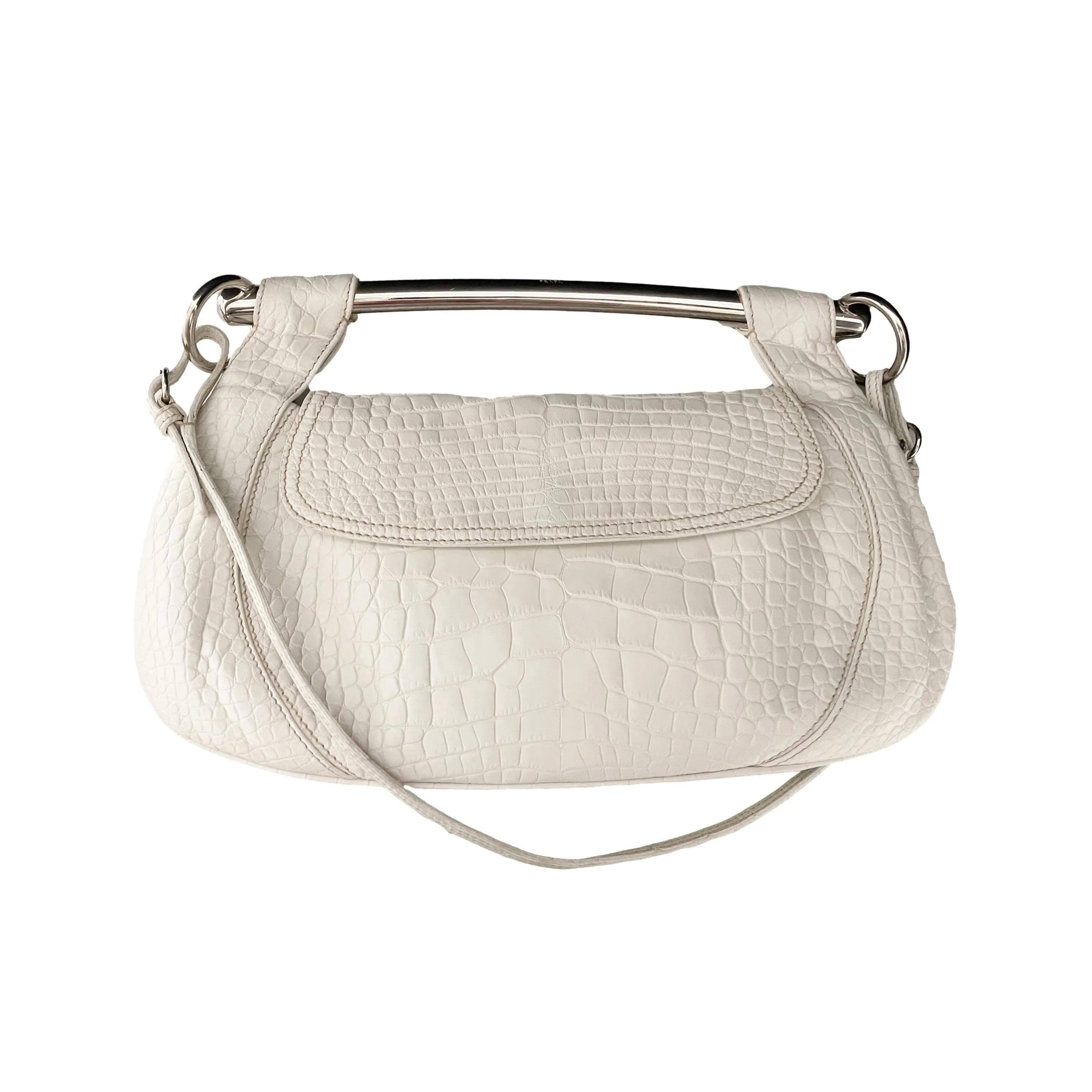 Prada White Croc Embossed Jumbo Bar Clutch