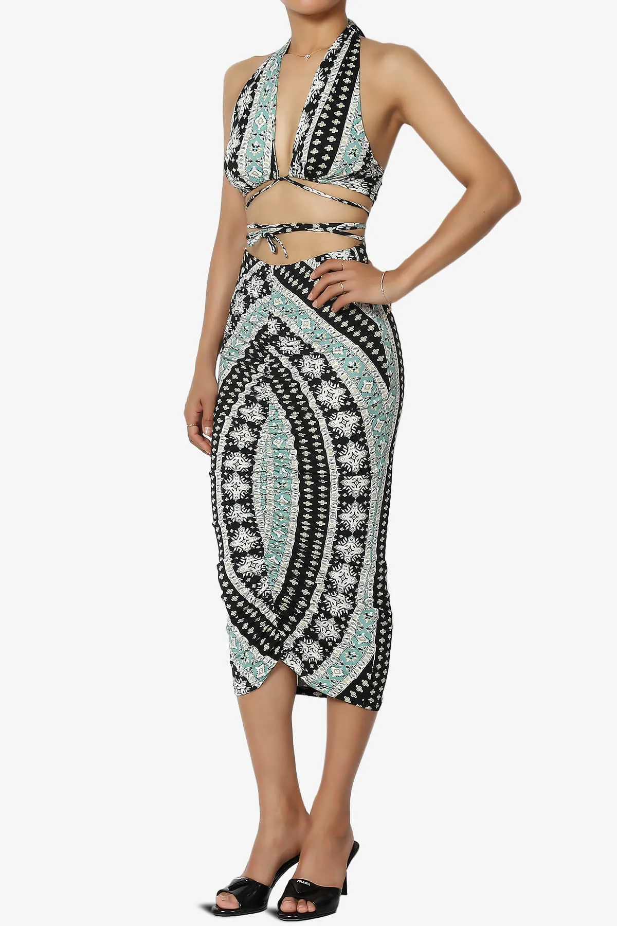 Rally Printed Halter Bra Top & Ruched Midi Skirt SET