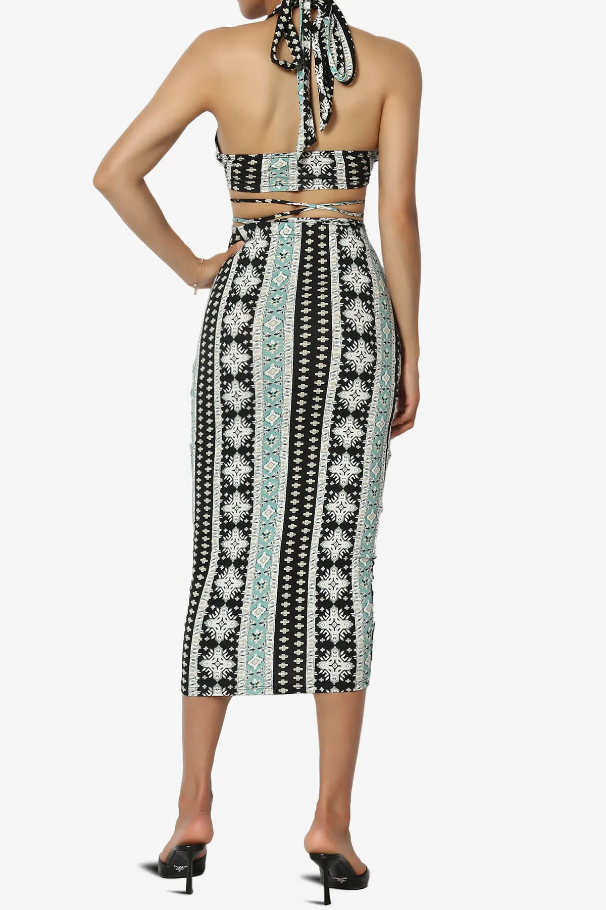 Rally Printed Halter Bra Top & Ruched Midi Skirt SET