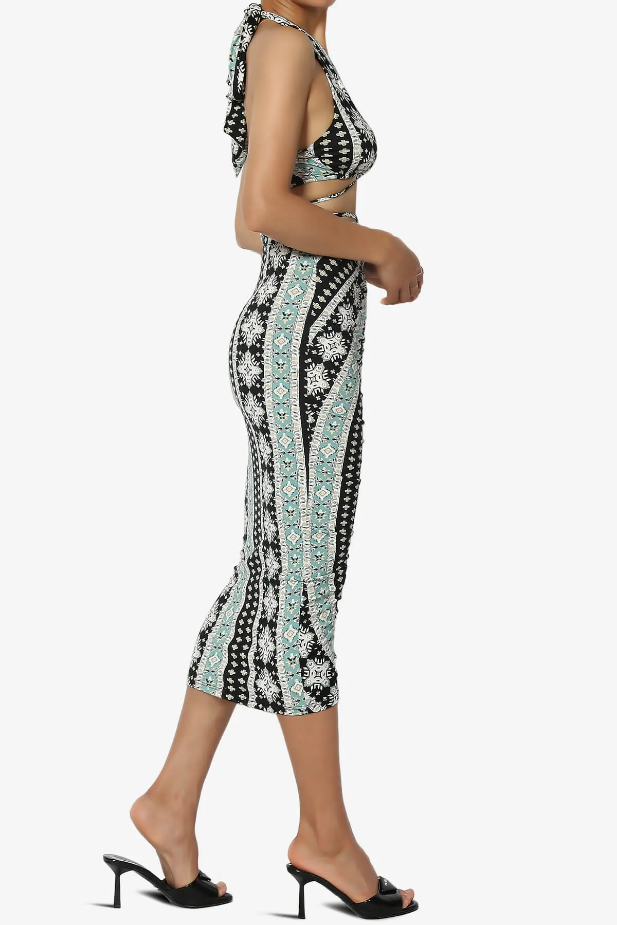 Rally Printed Halter Bra Top & Ruched Midi Skirt SET