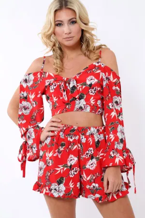 Red floral Cold Shoulder Co-ord set - Dahlia