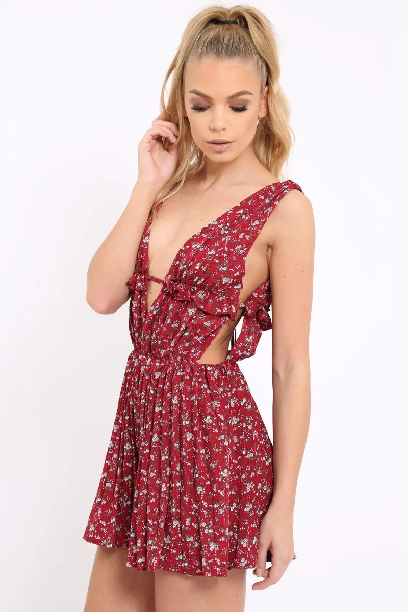 Red Floral Print Plunge Tie Back Pleated Playsuit - Remy