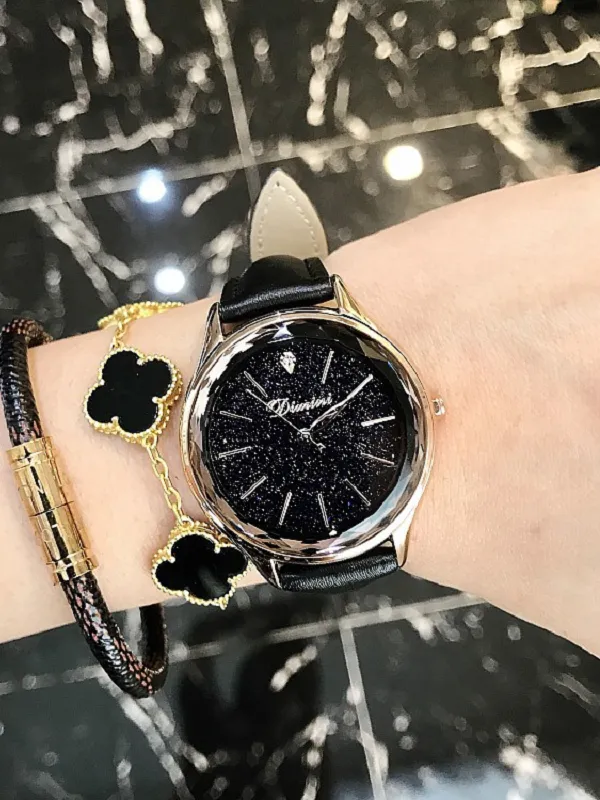 Rhombus Glass Surface Leather Strap Women's Watch
