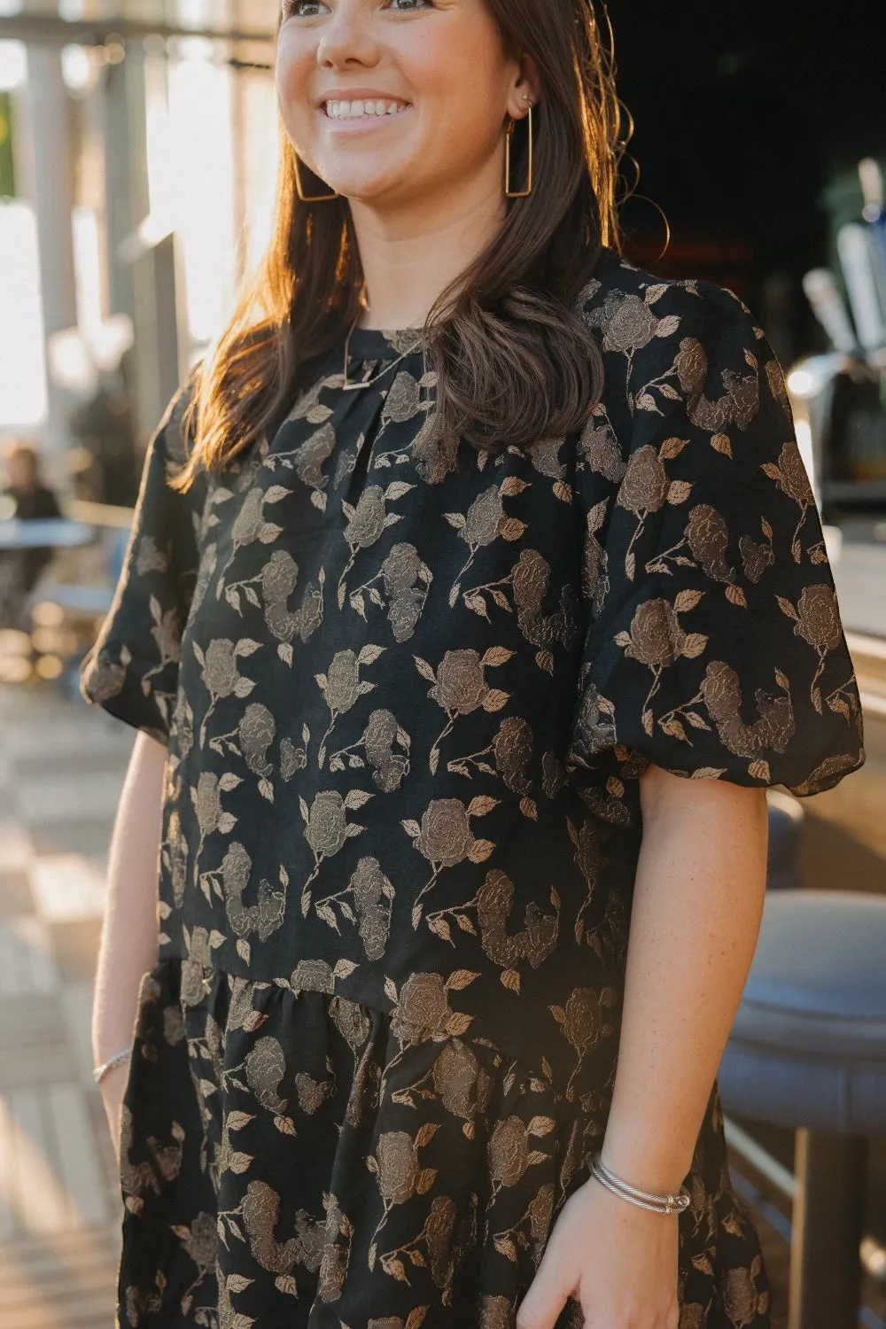 Rose Printed Tier Puff Sleeve Dress
