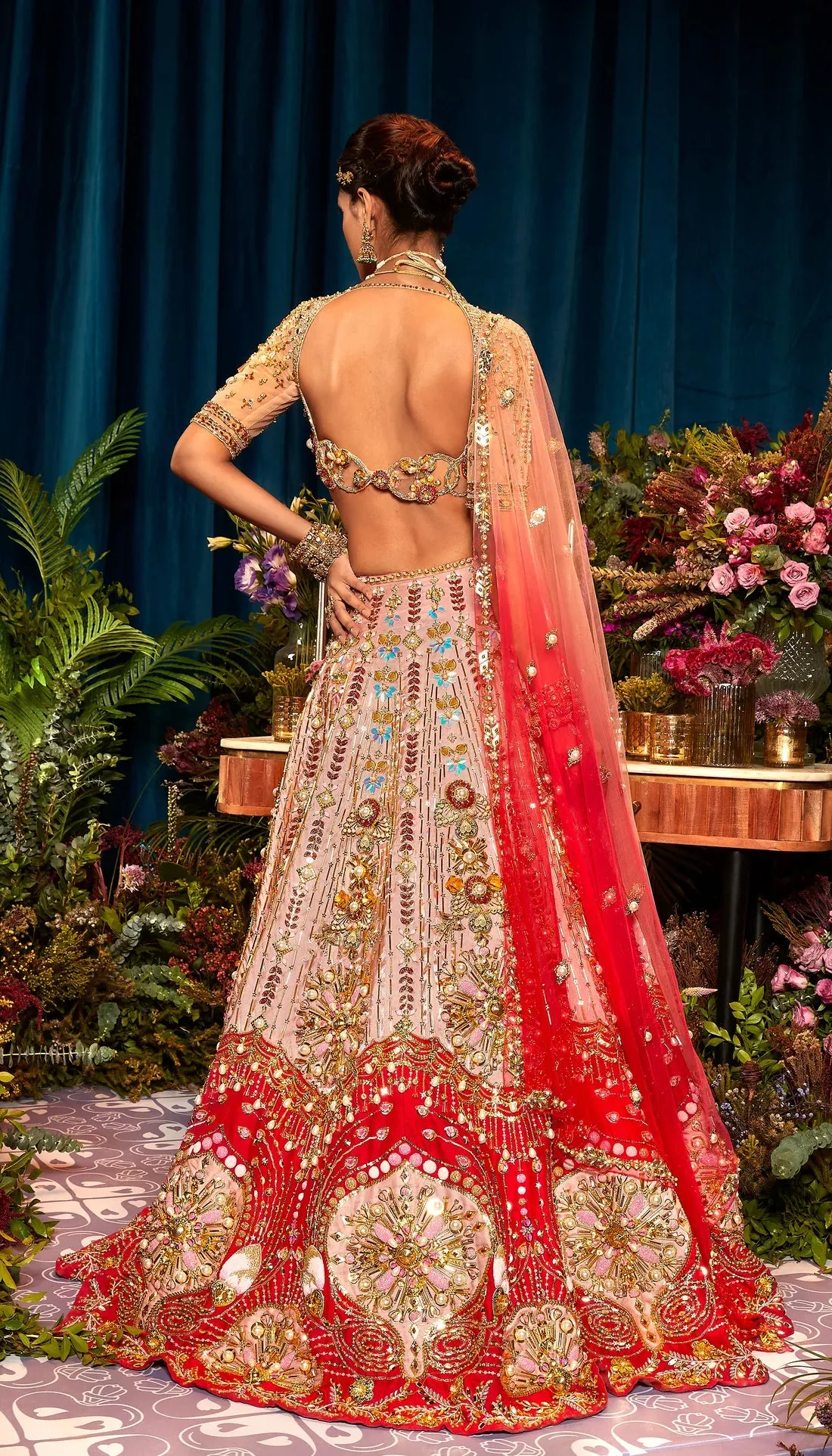 ROSETTA - PEACH AND RED LEHENGA SET