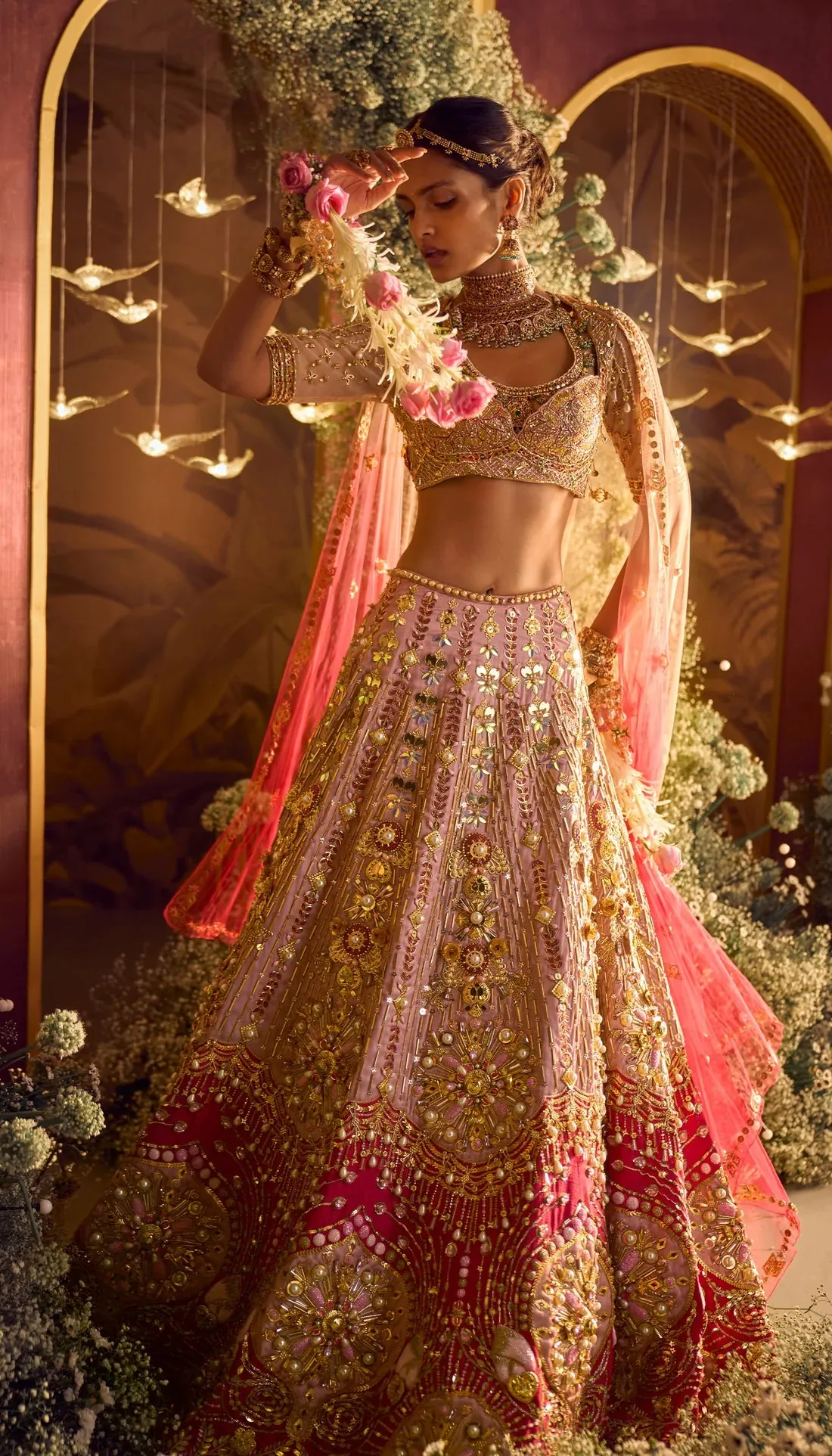 ROSETTA - PEACH AND RED LEHENGA SET