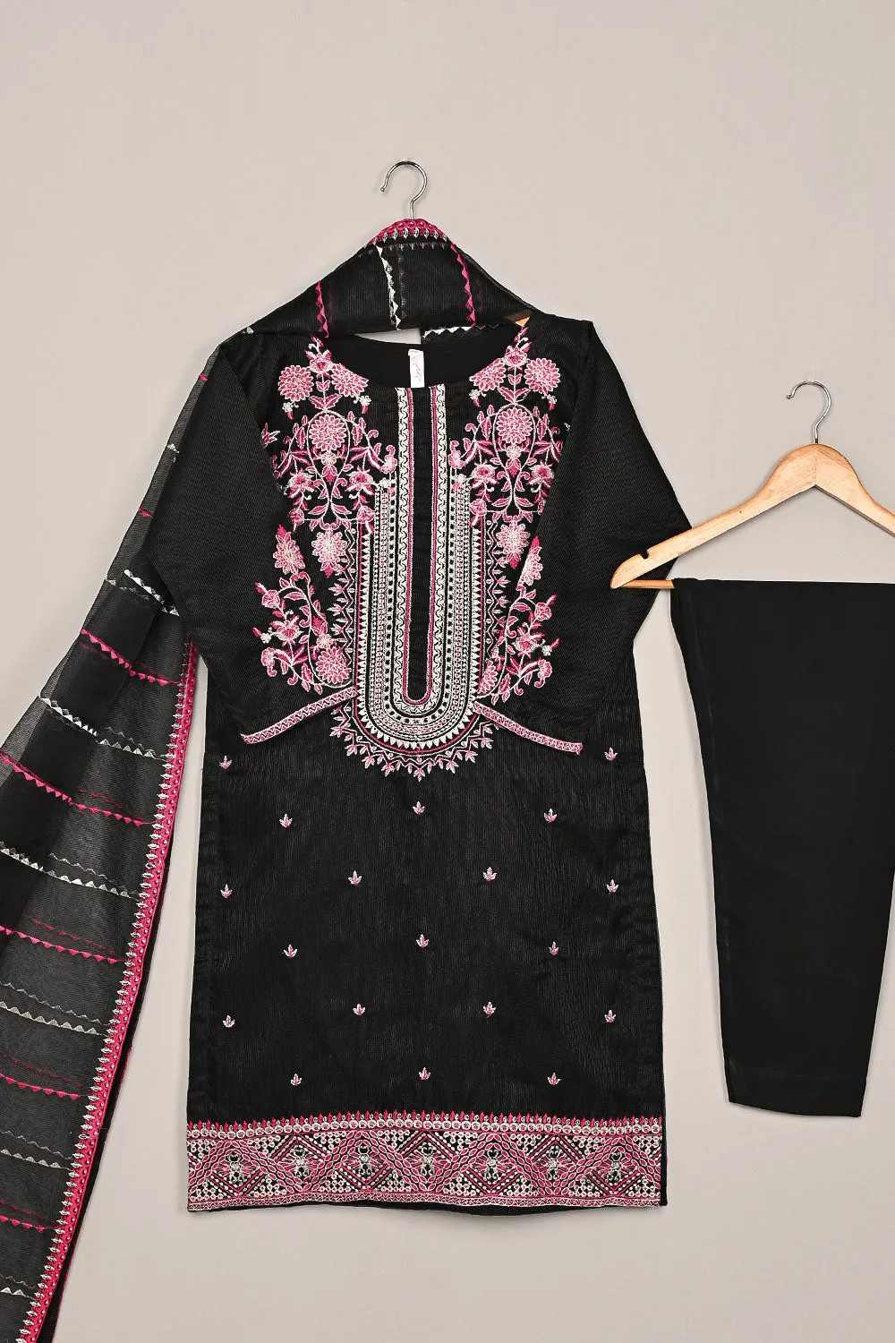 RTW-197-Black - 3Pc Ready to Wear 3Pc Javeria Net Embroidered  Dress