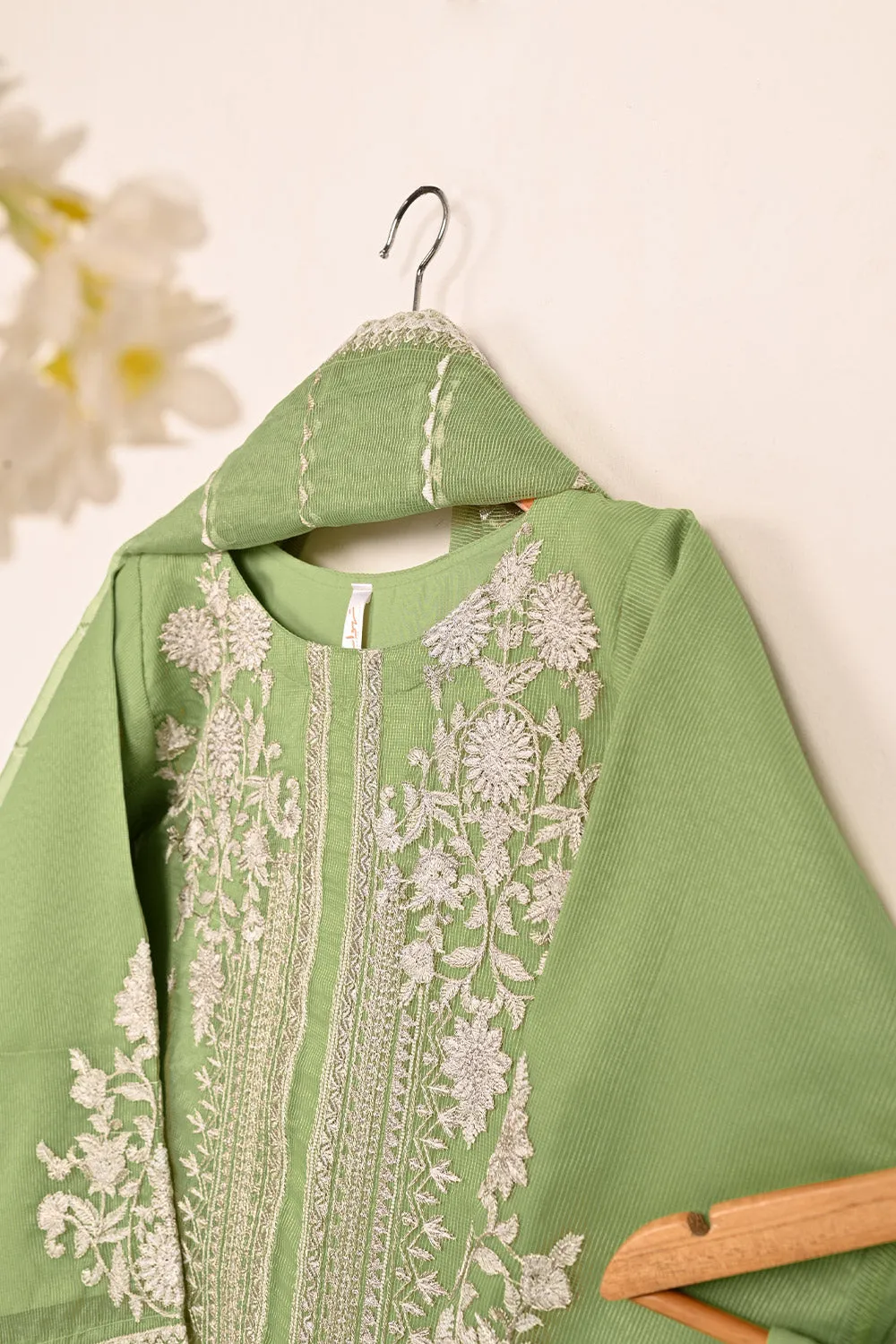 RTW-205-Green - 3Pc Ready to Wear 3Pc Javeria Net Embroidered  Dress