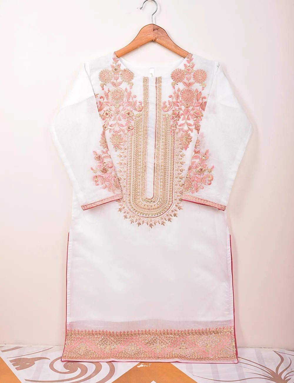 Semi Formal Paper Cotton Fabric Embroidered Stitched Kurti - Equinox (T20-040C-White)