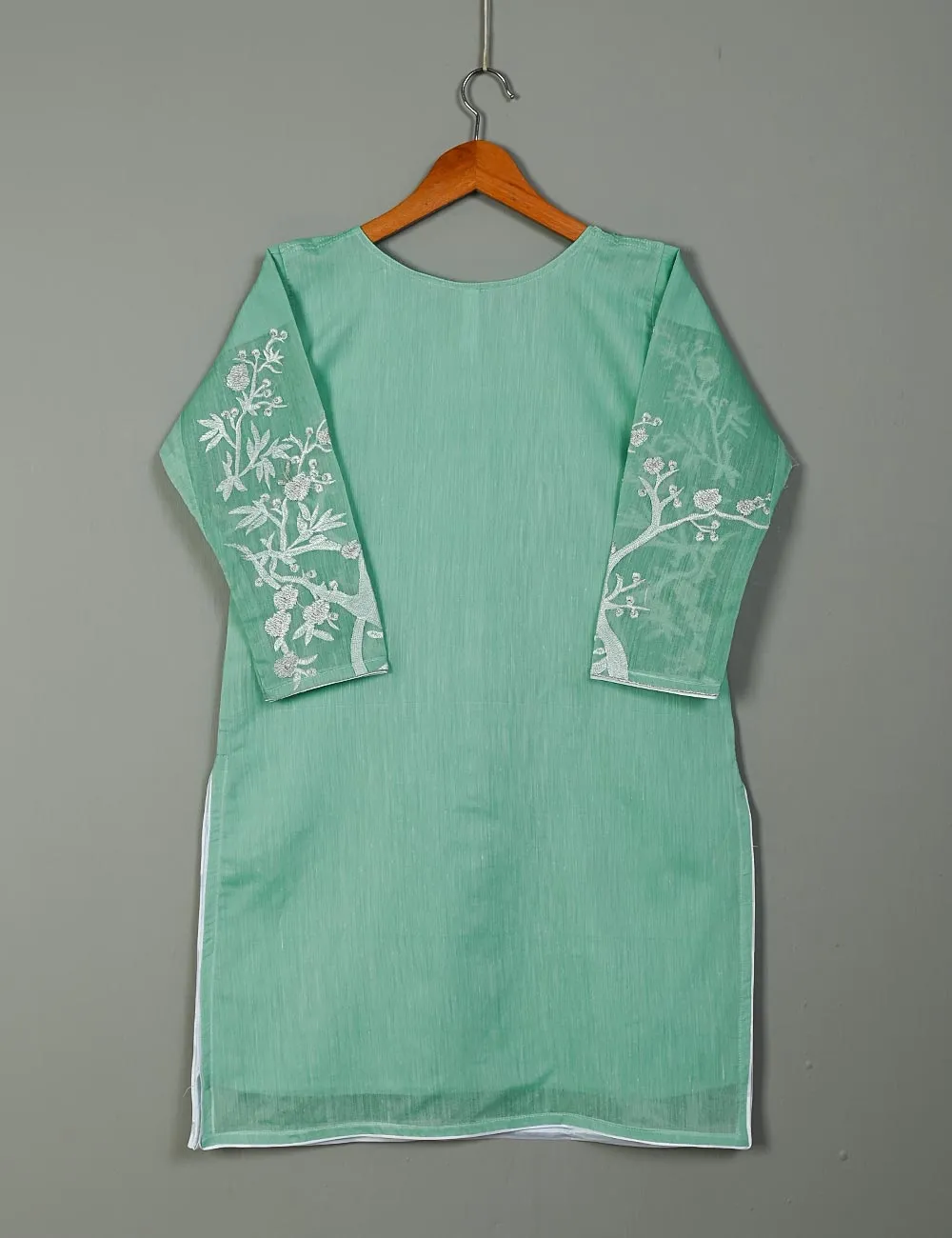 Semi Formal Paper Cotton Fabric Embroidered Stitched Kurti - Poetic Aura (T20-039B-IceGreen)
