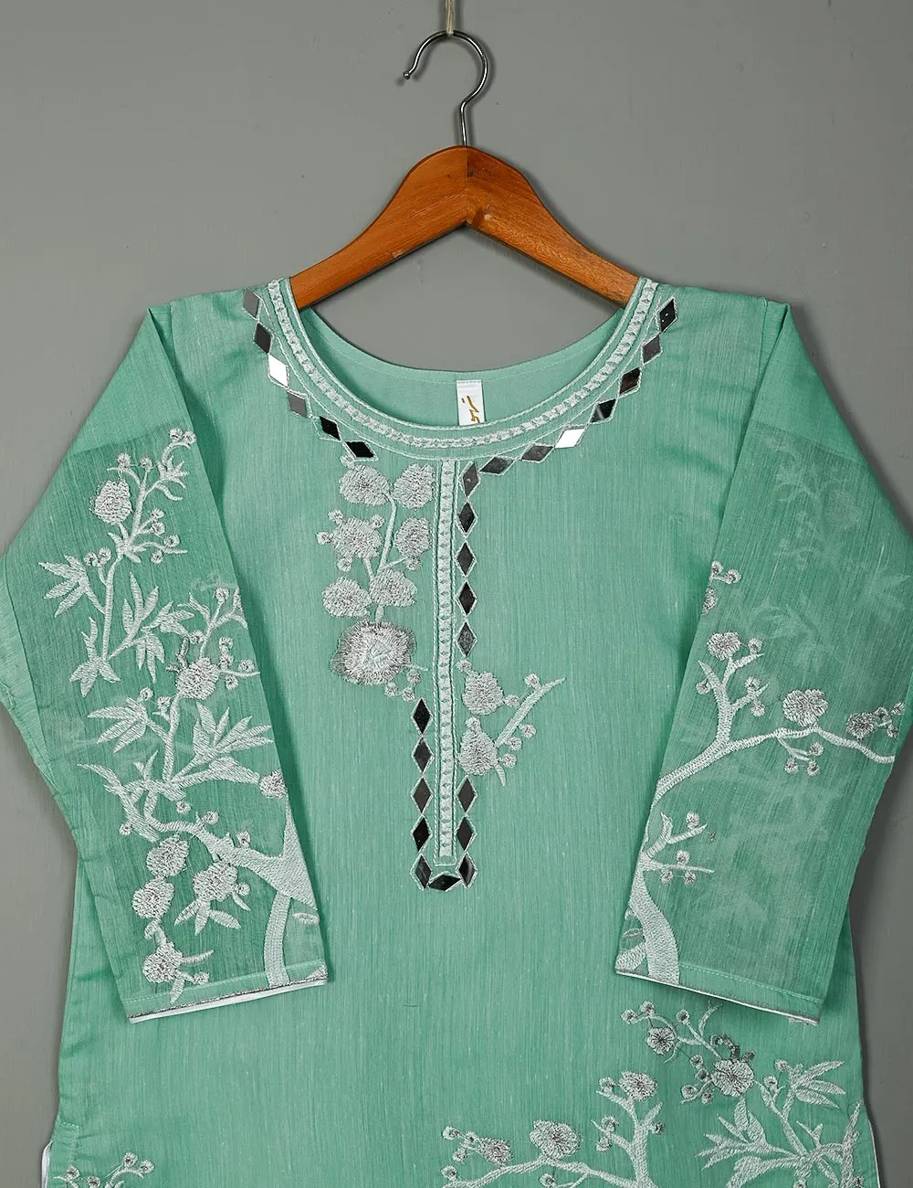 Semi Formal Paper Cotton Fabric Embroidered Stitched Kurti - Poetic Aura (T20-039B-IceGreen)
