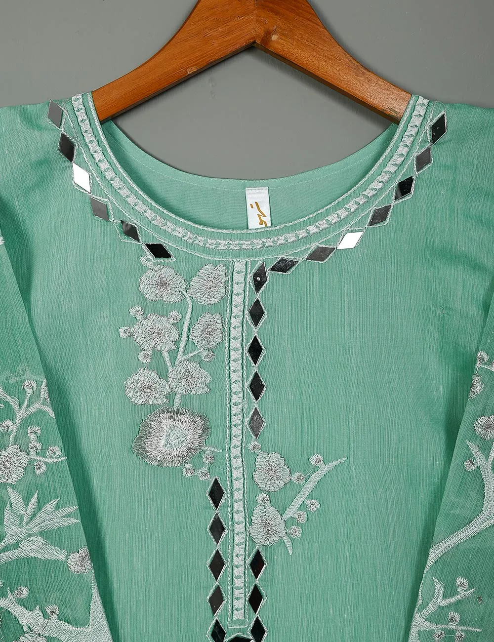 Semi Formal Paper Cotton Fabric Embroidered Stitched Kurti - Poetic Aura (T20-039B-IceGreen)