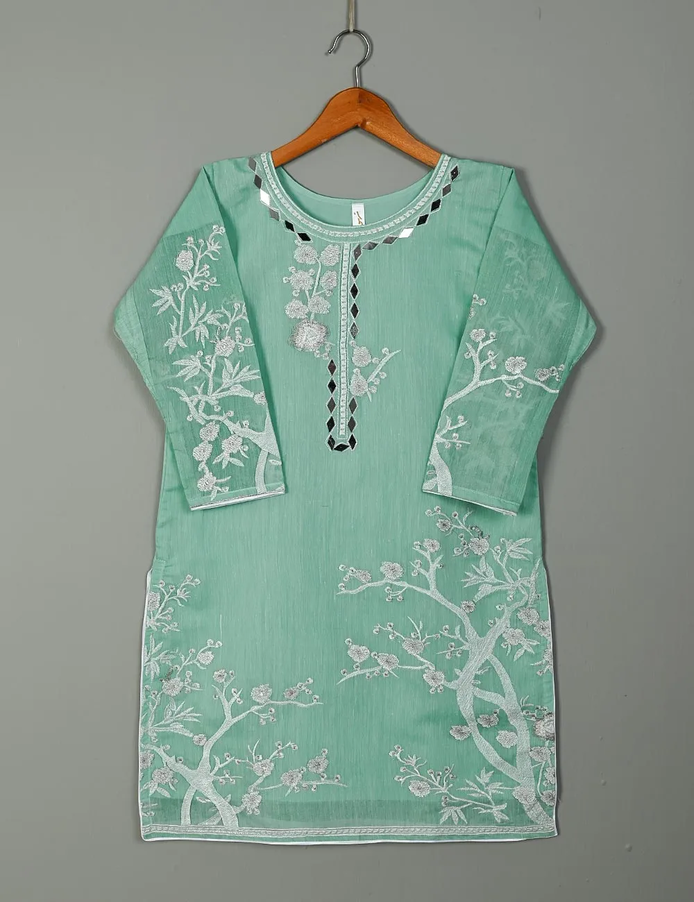 Semi Formal Paper Cotton Fabric Embroidered Stitched Kurti - Poetic Aura (T20-039B-IceGreen)