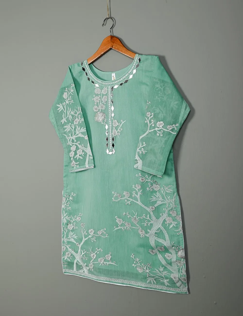Semi Formal Paper Cotton Fabric Embroidered Stitched Kurti - Poetic Aura (T20-039B-IceGreen)