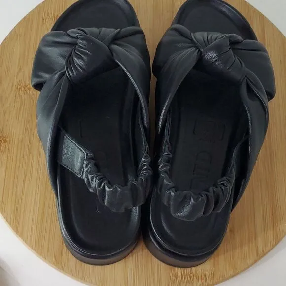 Silent D Pance Leather Platform Slingback Slide Sandal Knotted Black Size 38