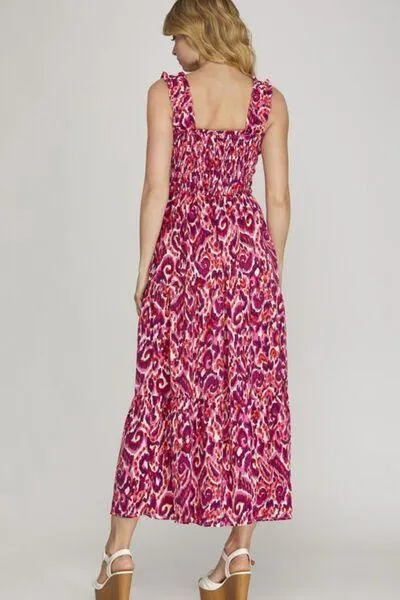 Smocked Printed Wide Strap Tiered Dress