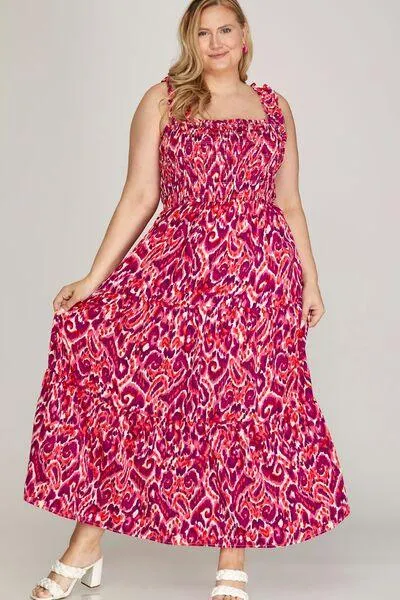 Smocked Printed Wide Strap Tiered Dress