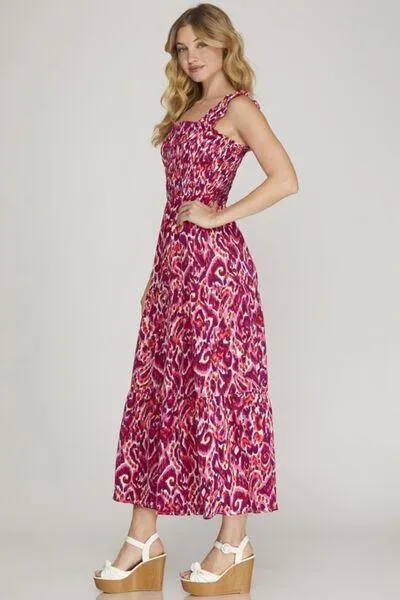 Smocked Printed Wide Strap Tiered Dress