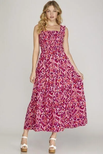 Smocked Printed Wide Strap Tiered Dress