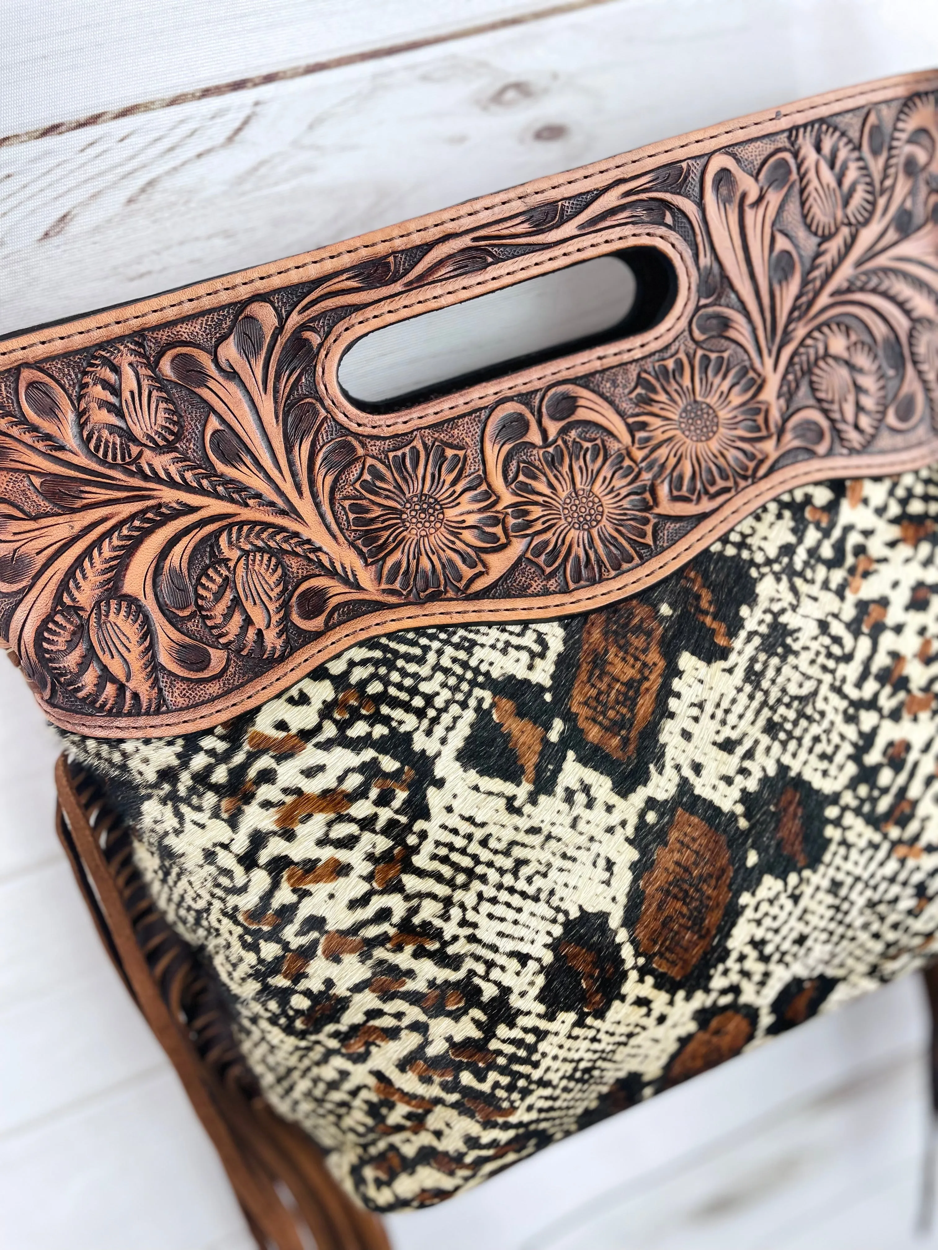 Snake Pattern on Hide Tooled Handle Fringe / Crossbody Handbag